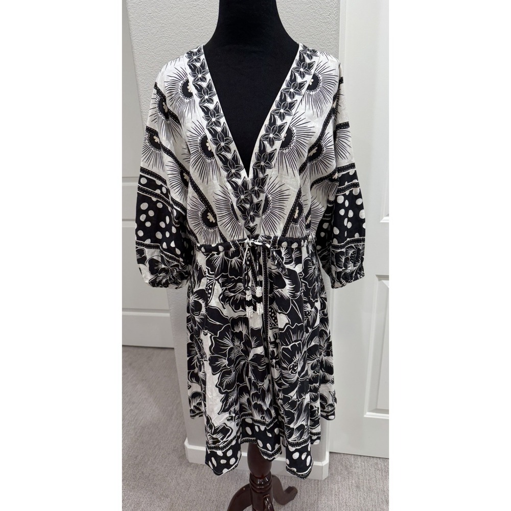 Farm Rio x Anthropologie Linen Blend Printed Puff Sleeve Mini Dress Boho Small